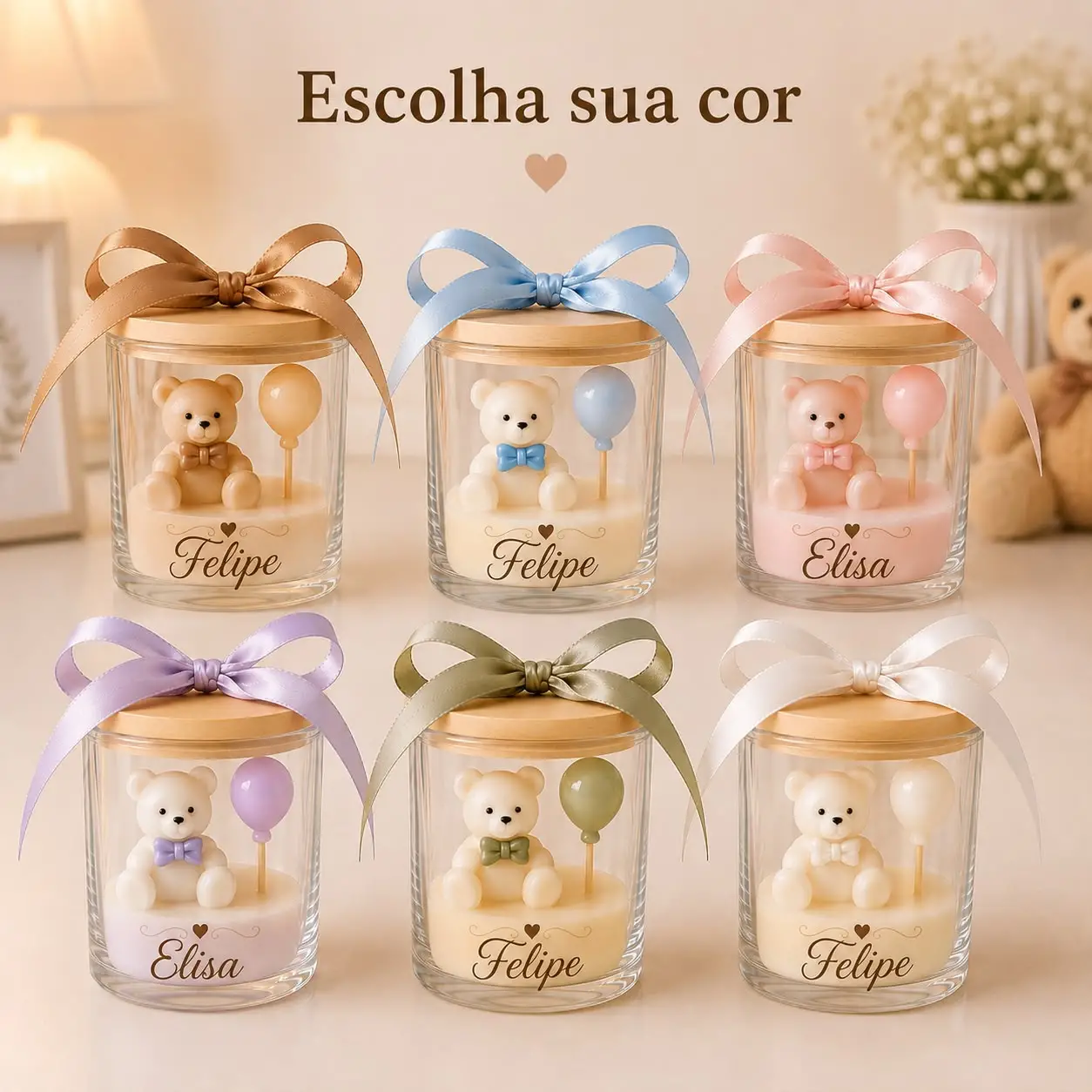 Ursinho branco com gravata - Várias cores - Copo com tampa de madeira - Imagem 9